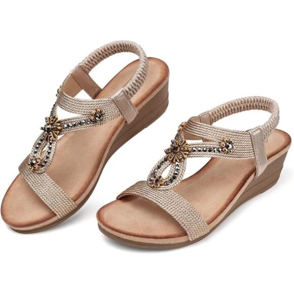 Womens Wedge Sandals Flower Low Heel Dressy Sandals (Elastic Ankle) - Picture 5 of 7